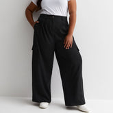 nxt wide leg high rise stretchable black 6 pocket cargo cotton pant for women